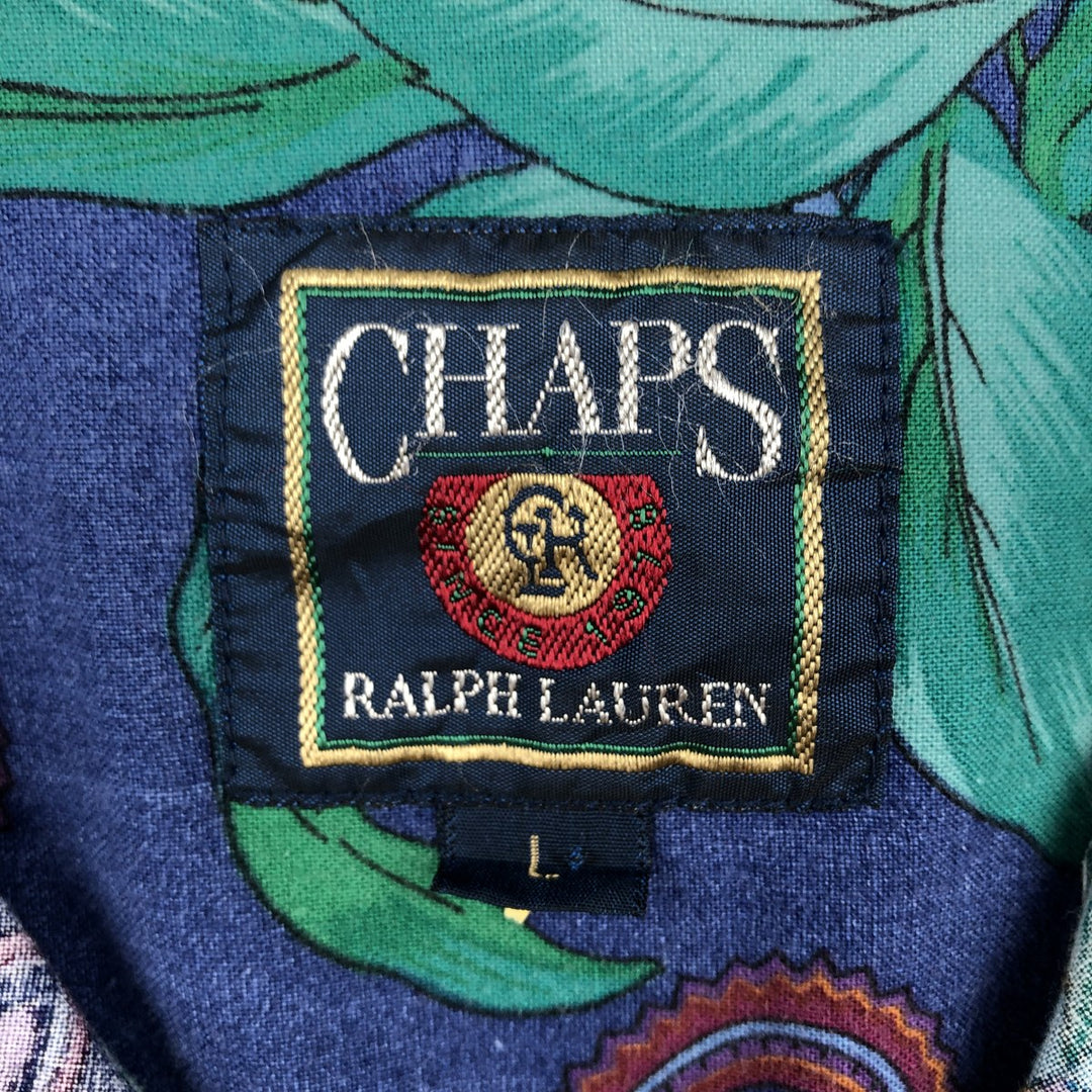 Vintage 1980'S Ralph Lauren CHAPS short-sleeved button-down shirt, men's size L (approx.), featuring leaf and paisley patterns. cotton Navy blue Vintage Second Hand