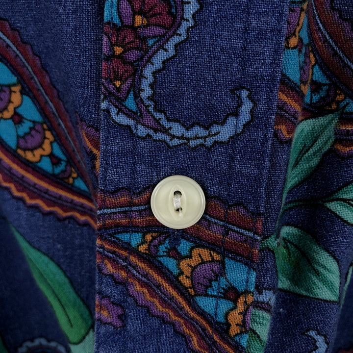 Vintage 1980'S Ralph Lauren CHAPS short-sleeved button-down shirt, men's size L (approx.), featuring leaf and paisley patterns. cotton Navy blue Vintage Second Hand