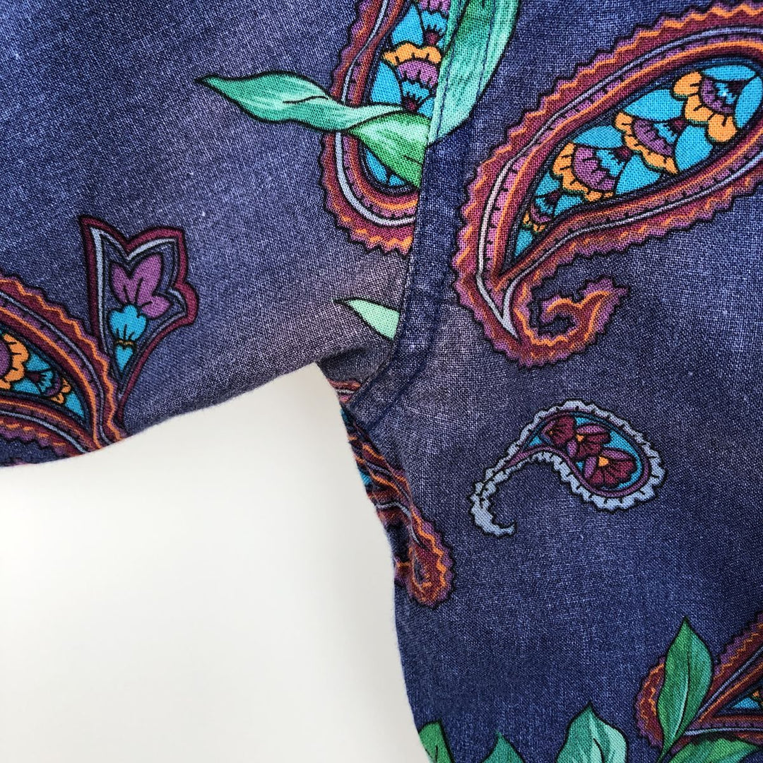 Vintage 1980'S Ralph Lauren CHAPS short-sleeved button-down shirt, men's size L (approx.), featuring leaf and paisley patterns. cotton Navy blue Vintage Second Hand