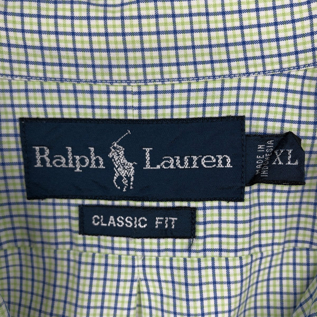 Ralph Lauren Classic Fit Short Sleeve Button Down Check Shirt Men's XL cotton green type yellow green Vintage Second Hand