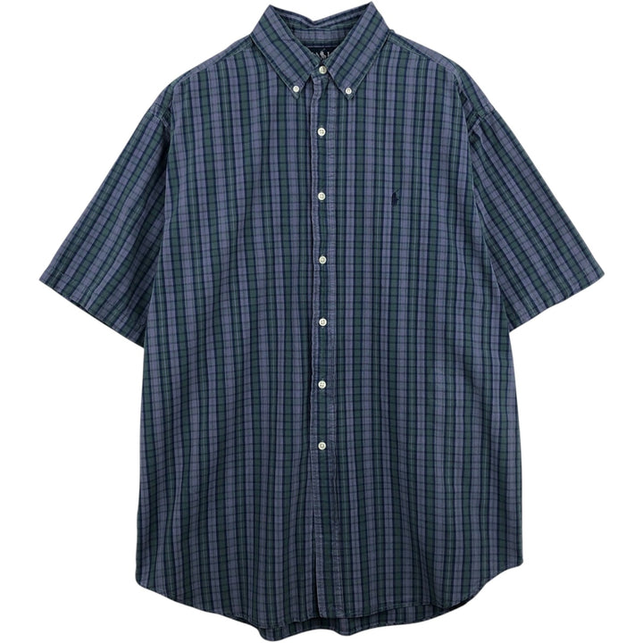 Ralph Lauren BLAKE short sleeve button down check shirt, men's size L cotton navy blue type Vintage Second Hand