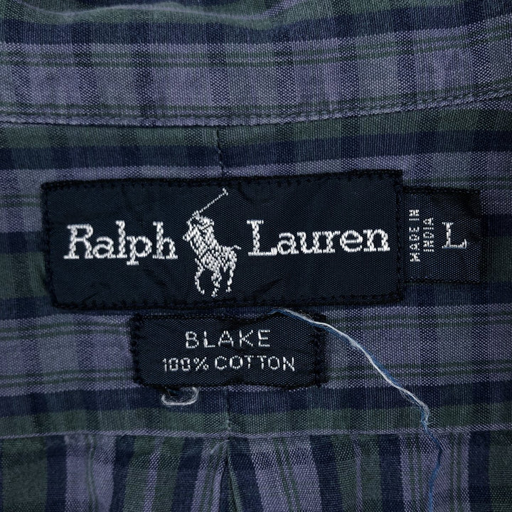 Ralph Lauren BLAKE short sleeve button down check shirt, men's size L cotton navy blue type Vintage Second Hand