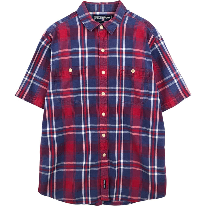 90'S Ralph Lauren POLO SPORT Check Pattern Short-Sleeve Cotton Shirt, Men's Size L (approx.), Vintage cotton blue type Vintage Second Hand