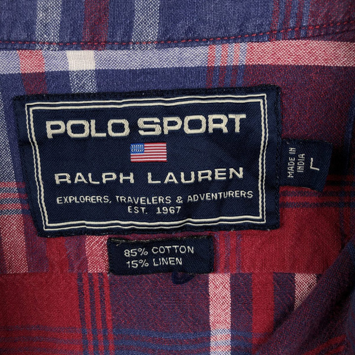 90'S Ralph Lauren POLO SPORT Check Pattern Short-Sleeve Cotton Shirt, Men's Size L (approx.), Vintage cotton blue type Vintage Second Hand