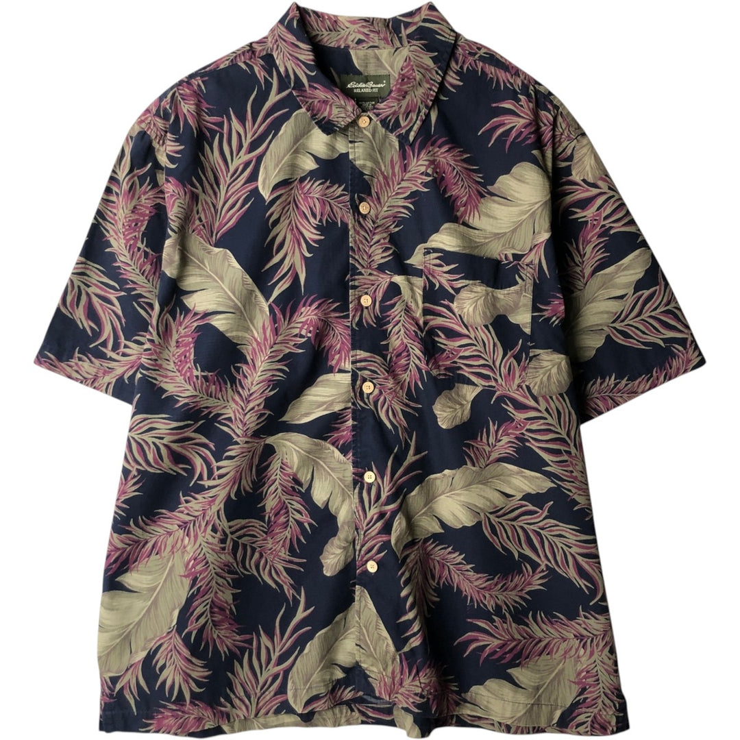 Eddie Bauer Relaxed Fit Leaf Pattern Hawaiian Aloha Shirt, Boxy Shirt, Men's Size XL (approx.) cotton navy blue type Vintage Second Hand