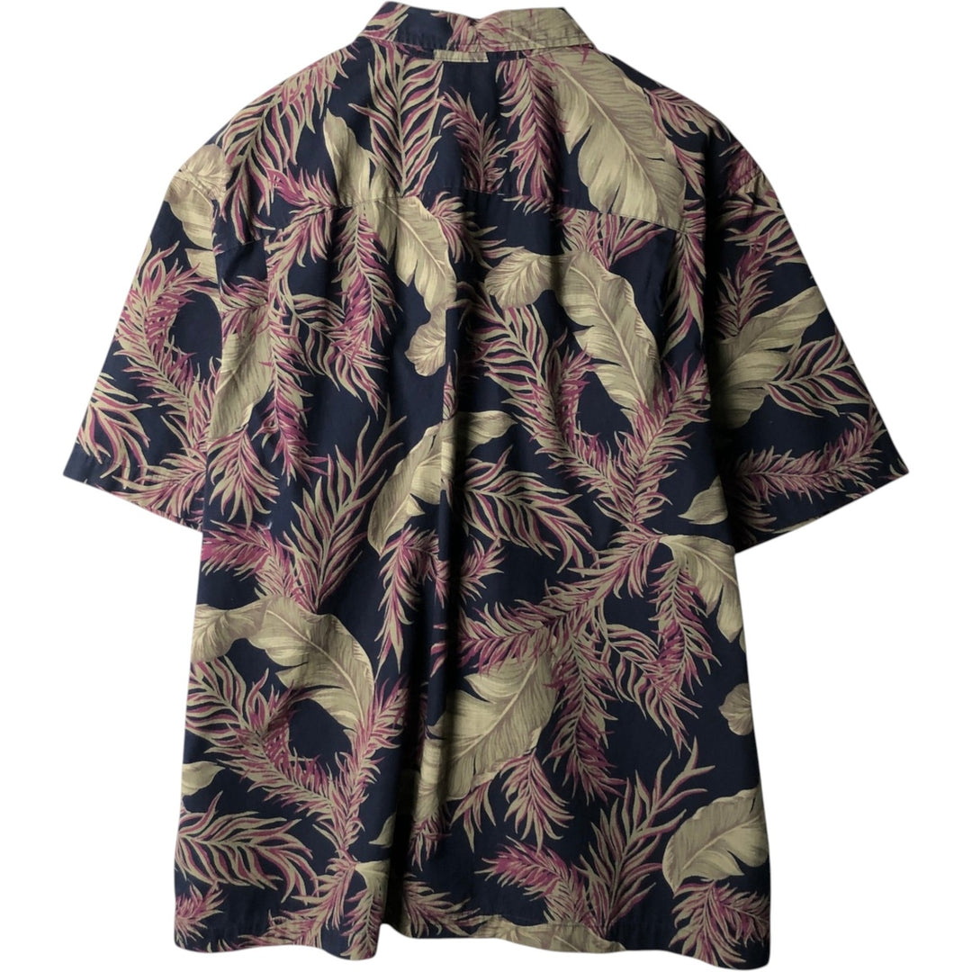 Eddie Bauer Relaxed Fit Leaf Pattern Hawaiian Aloha Shirt, Boxy Shirt, Men's Size XL (approx.) cotton navy blue type Vintage Second Hand