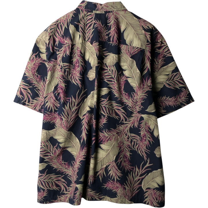 Eddie Bauer Relaxed Fit Leaf Pattern Hawaiian Aloha Shirt, Boxy Shirt, Men's Size XL (approx.) cotton navy blue type Vintage Second Hand