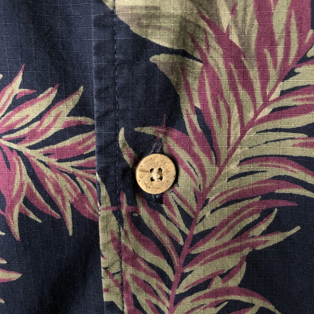 Eddie Bauer Relaxed Fit Leaf Pattern Hawaiian Aloha Shirt, Boxy Shirt, Men's Size XL (approx.) cotton navy blue type Vintage Second Hand