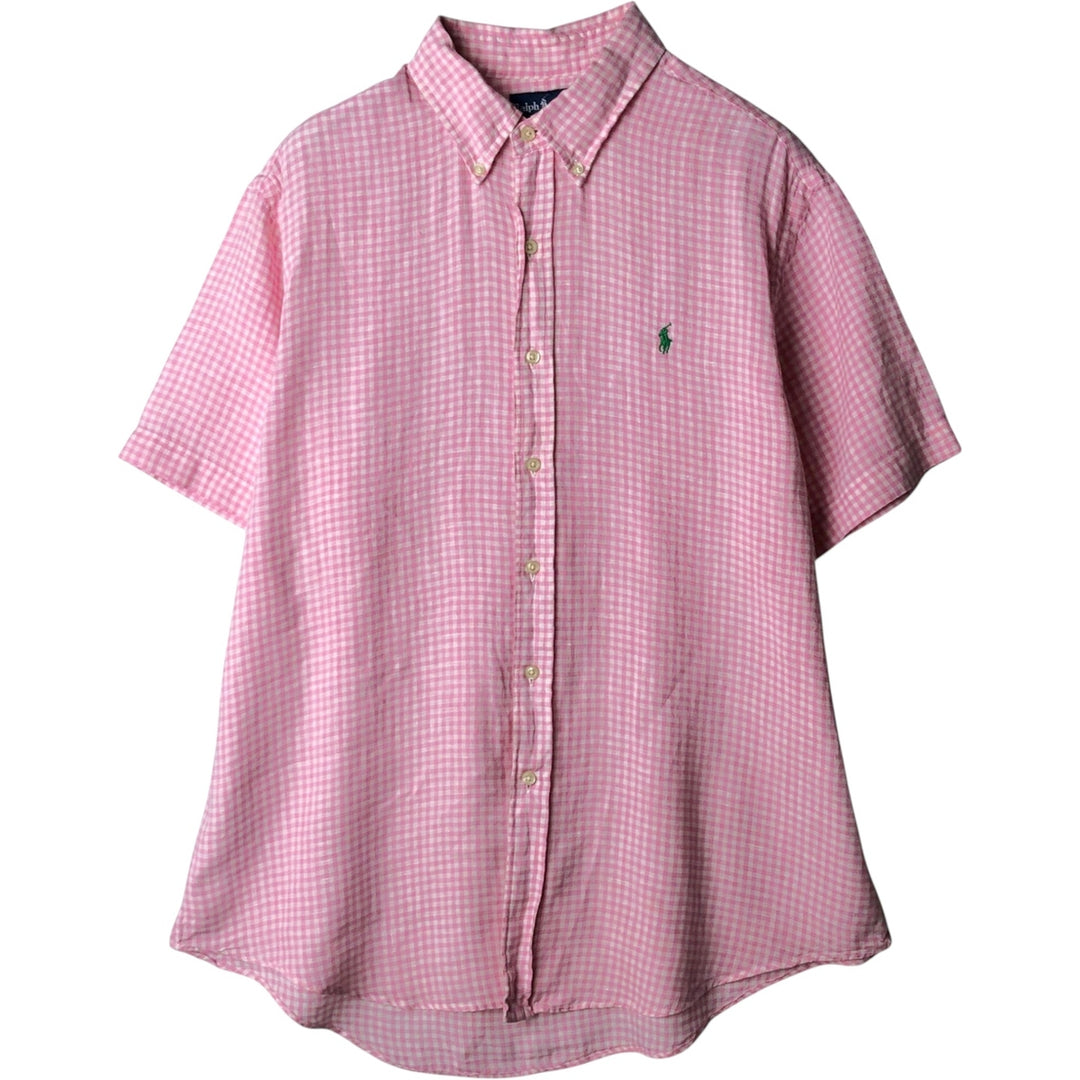 Ralph Lauren CUSTOM FIT Check Pattern Gingham Check Short-Sleeve Linen Button-Down Shirt, Men's Size XL (approx.) linen pink type Vintage Second Hand