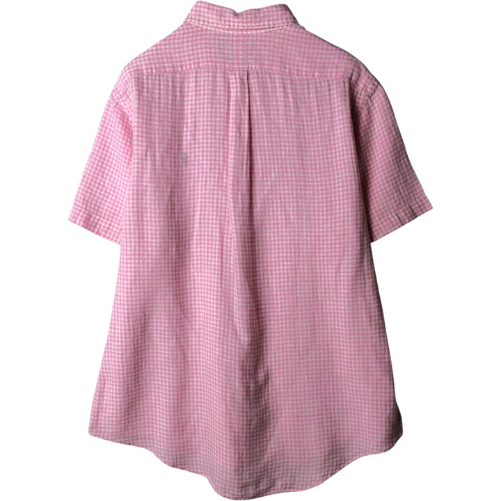Ralph Lauren CUSTOM FIT Check Pattern Gingham Check Short-Sleeve Linen Button-Down Shirt, Men's Size XL (approx.) linen pink type Vintage Second Hand