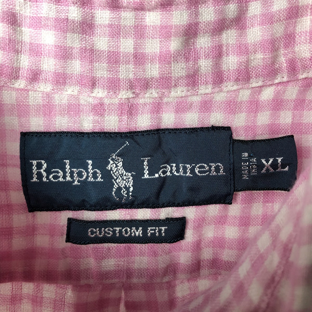 Ralph Lauren CUSTOM FIT Check Pattern Gingham Check Short-Sleeve Linen Button-Down Shirt, Men's Size XL (approx.) linen pink type Vintage Second Hand