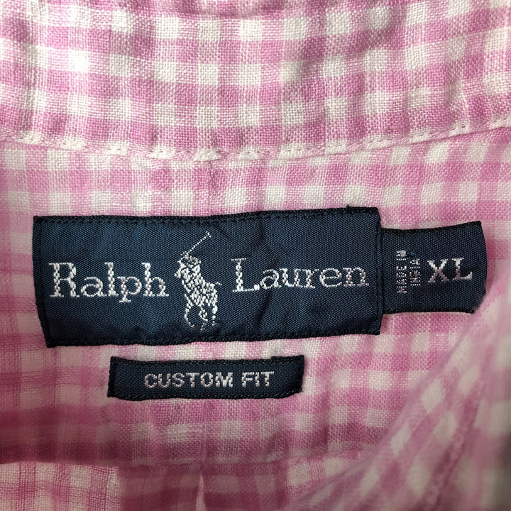 Ralph Lauren CUSTOM FIT Check Pattern Gingham Check Short-Sleeve Linen Button-Down Shirt, Men's Size XL (approx.) linen pink type Vintage Second Hand