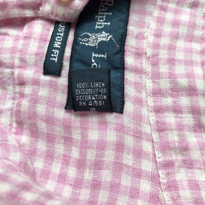 Ralph Lauren CUSTOM FIT Check Pattern Gingham Check Short-Sleeve Linen Button-Down Shirt, Men's Size XL (approx.) linen pink type Vintage Second Hand
