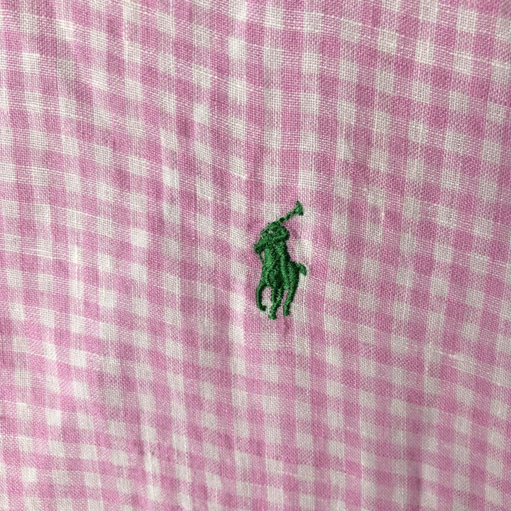Ralph Lauren CUSTOM FIT Check Pattern Gingham Check Short-Sleeve Linen Button-Down Shirt, Men's Size XL (approx.) linen pink type Vintage Second Hand