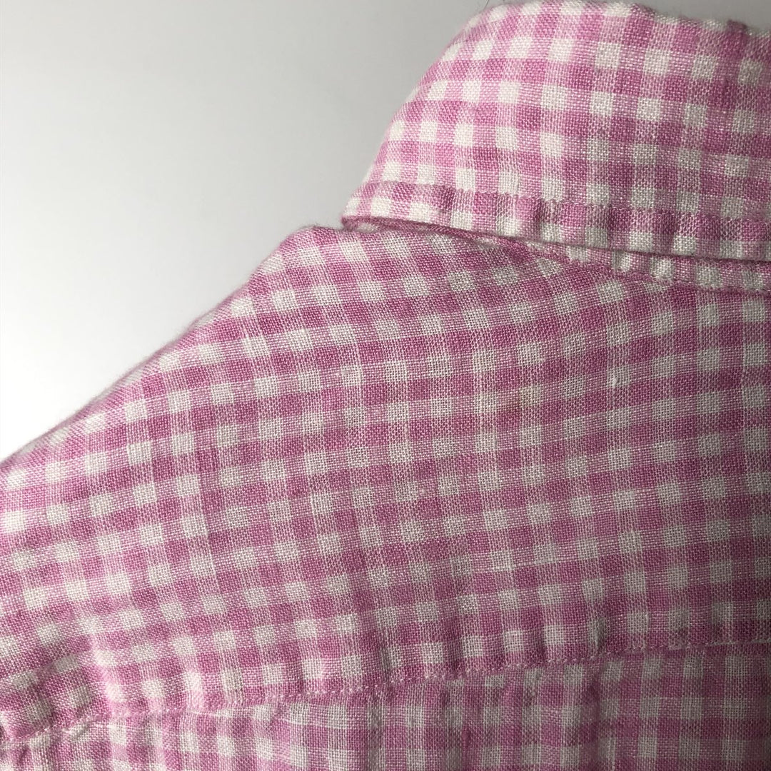 Ralph Lauren CUSTOM FIT Check Pattern Gingham Check Short-Sleeve Linen Button-Down Shirt, Men's Size XL (approx.) linen pink type Vintage Second Hand