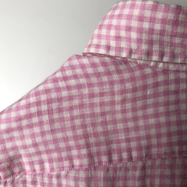 Ralph Lauren CUSTOM FIT Check Pattern Gingham Check Short-Sleeve Linen Button-Down Shirt, Men's Size XL (approx.) linen pink type Vintage Second Hand