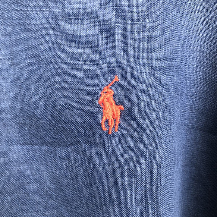 Ralph Lauren short sleeve linen button down shirt, size S for men linen Navy blue Vintage Second Hand