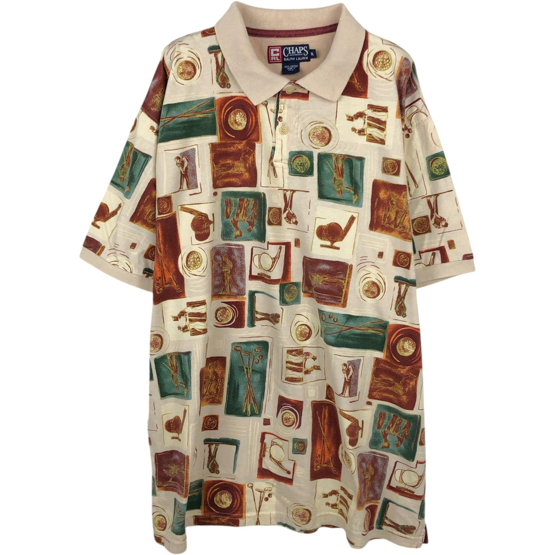90'S Ralph Lauren CHAPS all-over print long-sleeved polo shirt, made in USA, men's size XL equivalent, vintage. cotton Beige type Vintage Second Hand