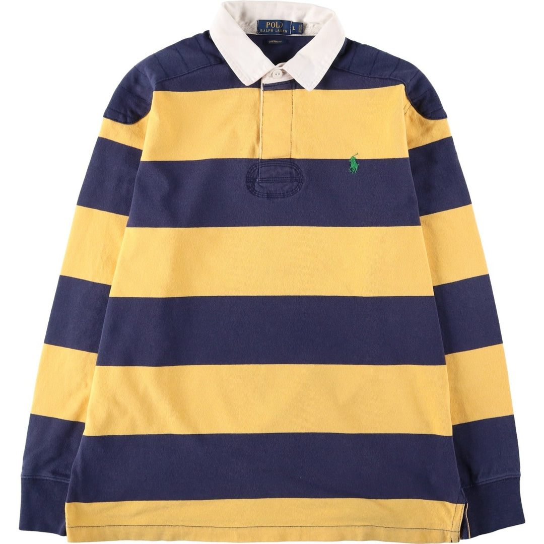 Ralph Lauren POLO RALPH LAUREN CUSTOM FIT Border Pattern Long Sleeve Rugby Shirt Men's L size cotton navy blue type Vintage Second Hand