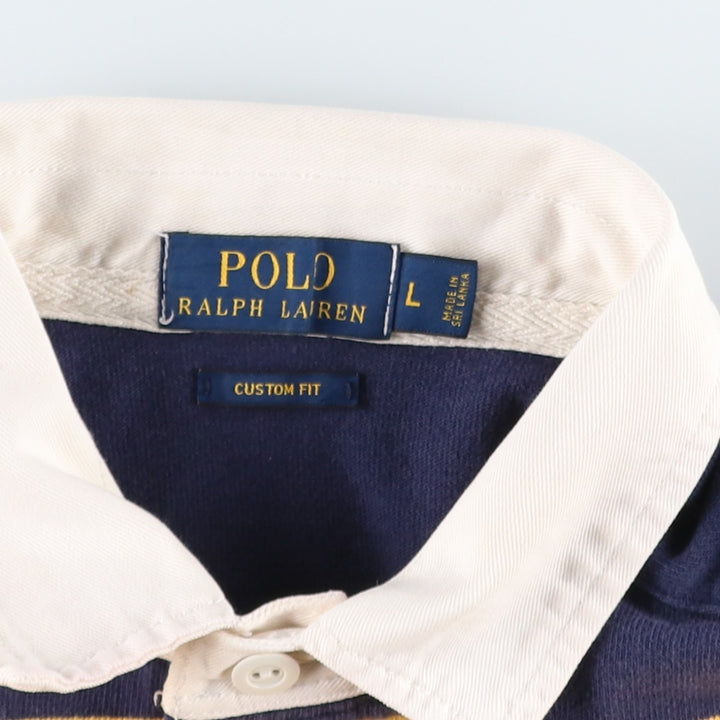 Ralph Lauren POLO RALPH LAUREN CUSTOM FIT Border Pattern Long Sleeve Rugby Shirt Men's L size cotton navy blue type Vintage Second Hand