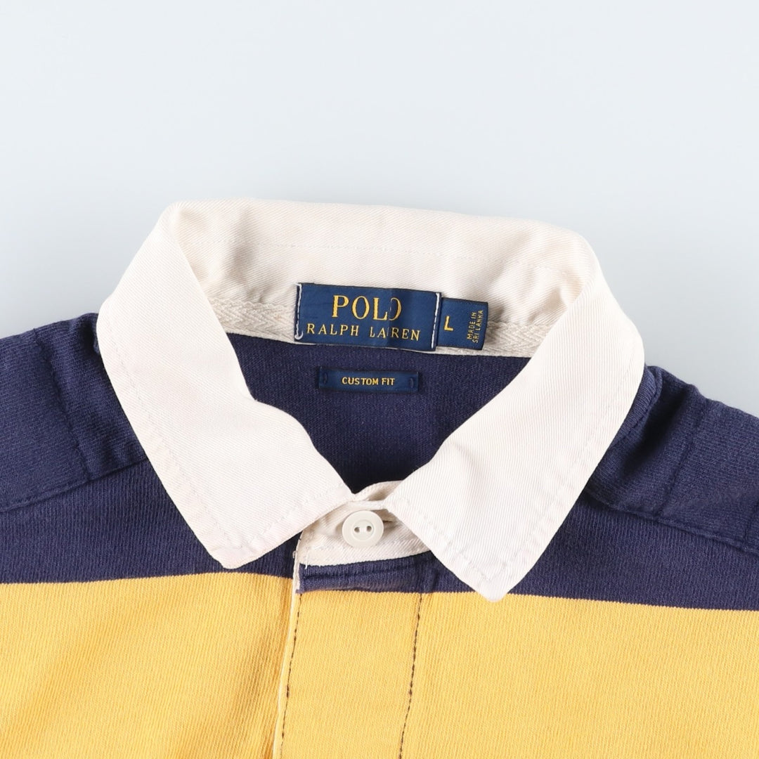 Ralph Lauren POLO RALPH LAUREN CUSTOM FIT Border Pattern Long Sleeve Rugby Shirt Men's L size cotton navy blue type Vintage Second Hand