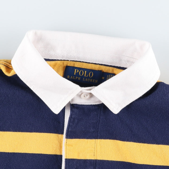 Ralph Lauren POLO RALPH LAUREN CUSTOM SLIM FIT Striped Pattern Long-Sleeve Rugby Shirt, Men's Size M (approx.) cotton navy blue type Vintage Second Hand