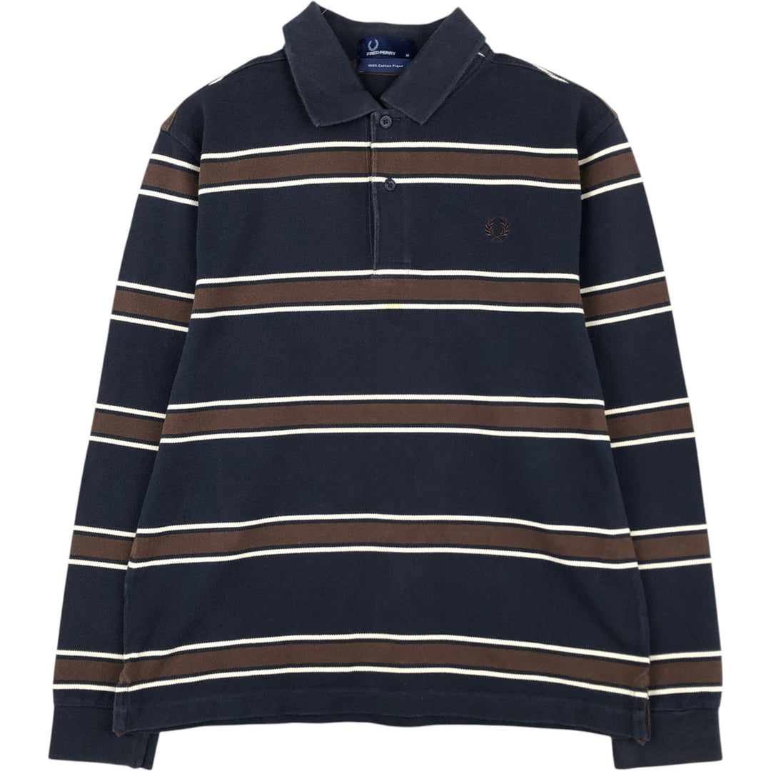 Fred Perry long-sleeved striped polo shirt, men's size M (approx.) cotton navy blue type Vintage Second Hand
