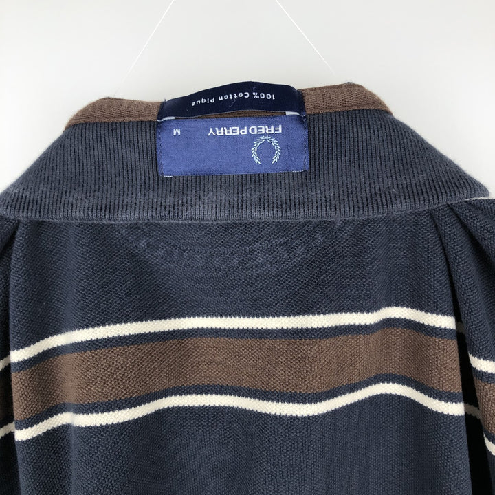 Fred Perry long-sleeved striped polo shirt, men's size M (approx.) cotton navy blue type Vintage Second Hand