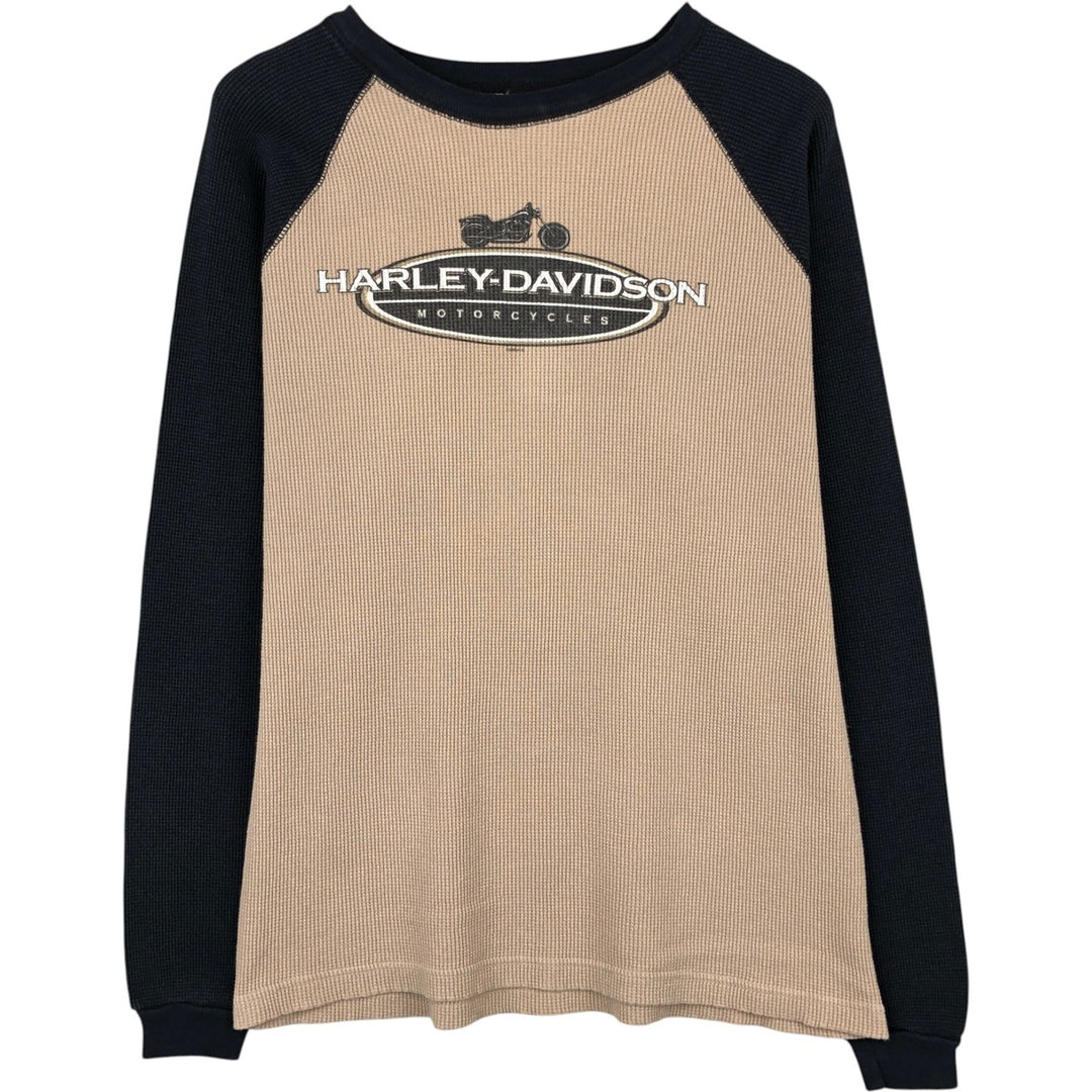 2000'S Harley-Davidson Motorcycle Thermal Long-Sleeve T-Shirt (Waffle Pattern), Men's Size M (approx.) cotton Beige type Vintage Second Hand