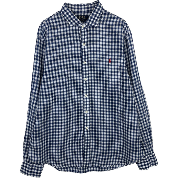 Ralph Lauren POLO RALPH LAUREN SLIM FIT Check Pattern Gingham Check Long Sleeve Linen Shirt (Men's XXL equivalent) linen blue type Vintage Second Hand