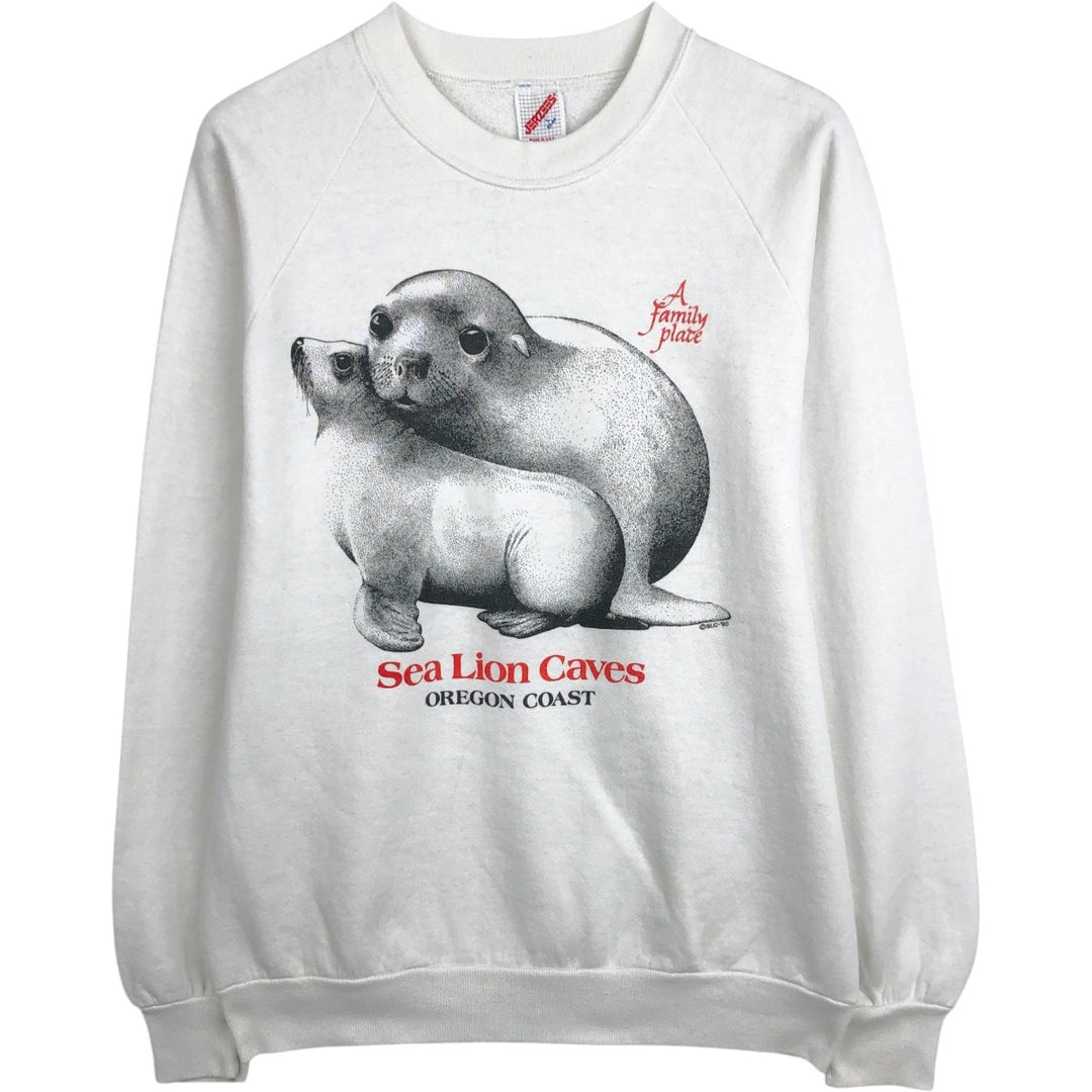 80s-90'S Jerzees Seal Pattern Animal Sweatshirt, Made in USA, Men's Size L (approx.), Vintage cotton white type Vintage Second Hand