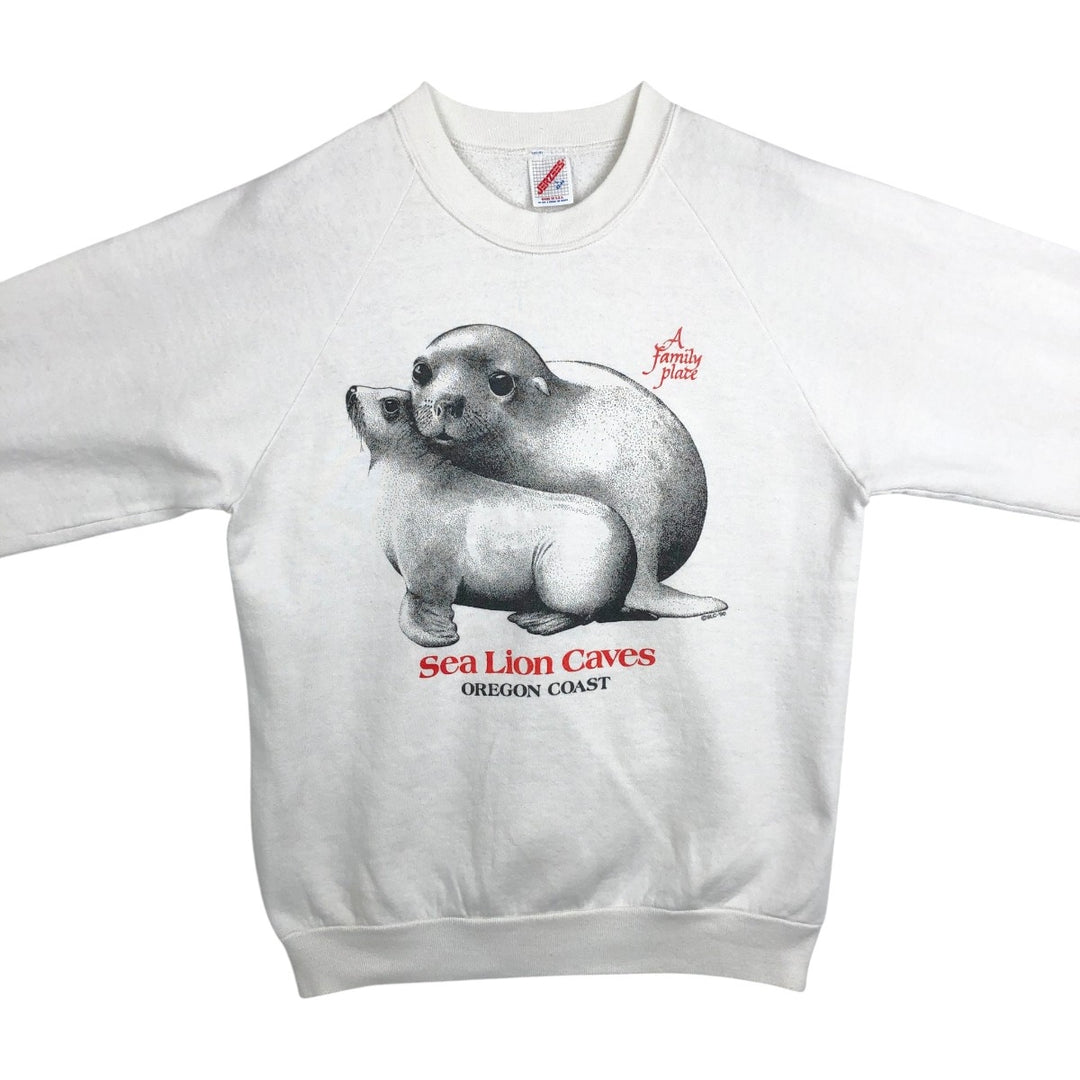 80s-90'S Jerzees Seal Pattern Animal Sweatshirt, Made in USA, Men's Size L (approx.), Vintage cotton white type Vintage Second Hand