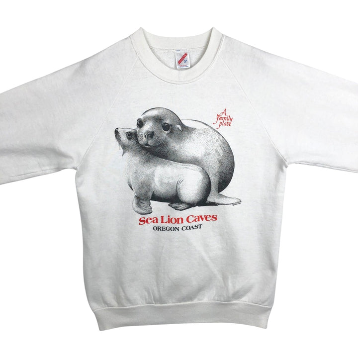 80s-90'S Jerzees Seal Pattern Animal Sweatshirt, Made in USA, Men's Size L (approx.), Vintage cotton white type Vintage Second Hand