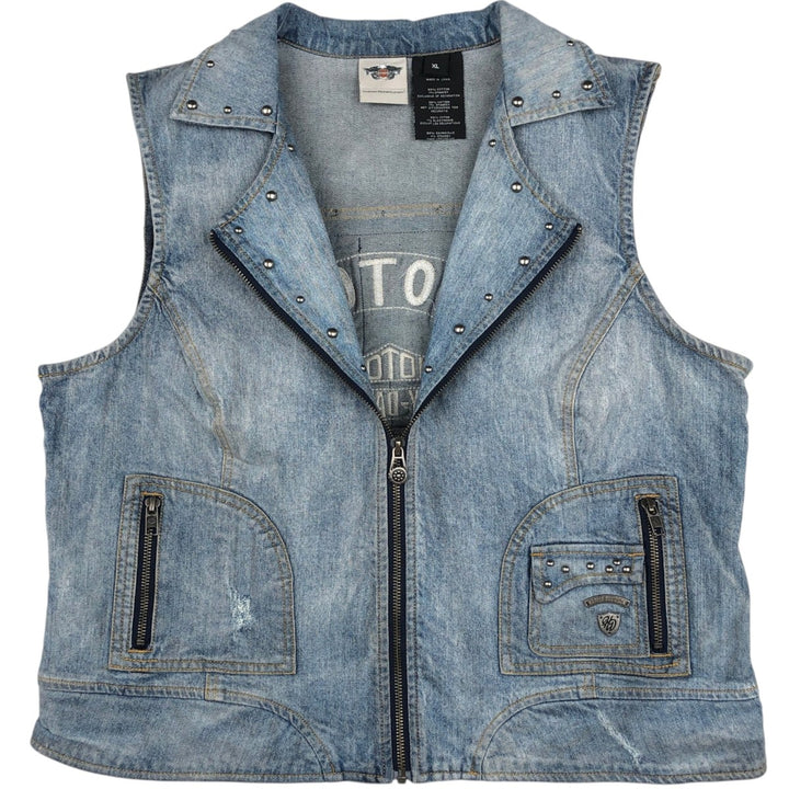 Harley-Davidson Patchwork Studded Full-Zip Denim Vest (Women's Size XL) cotton blue type Vintage Second Hand