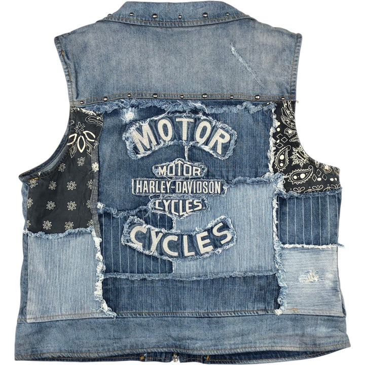 Harley-Davidson Patchwork Studded Full-Zip Denim Vest (Women's Size XL) cotton blue type Vintage Second Hand