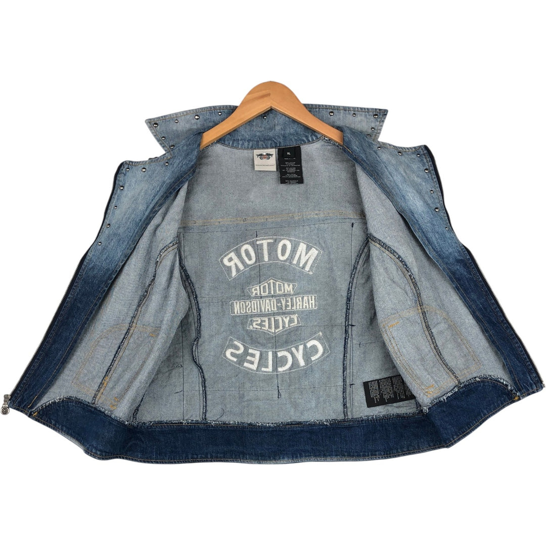 Harley-Davidson Patchwork Studded Full-Zip Denim Vest (Women's Size XL) cotton blue type Vintage Second Hand
