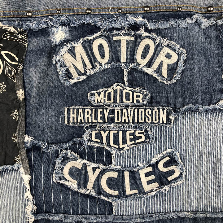 Harley-Davidson Patchwork Studded Full-Zip Denim Vest (Women's Size XL) cotton blue type Vintage Second Hand