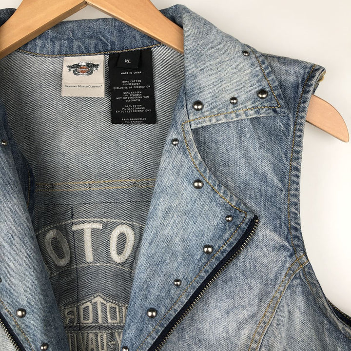Harley-Davidson Patchwork Studded Full-Zip Denim Vest (Women's Size XL) cotton blue type Vintage Second Hand