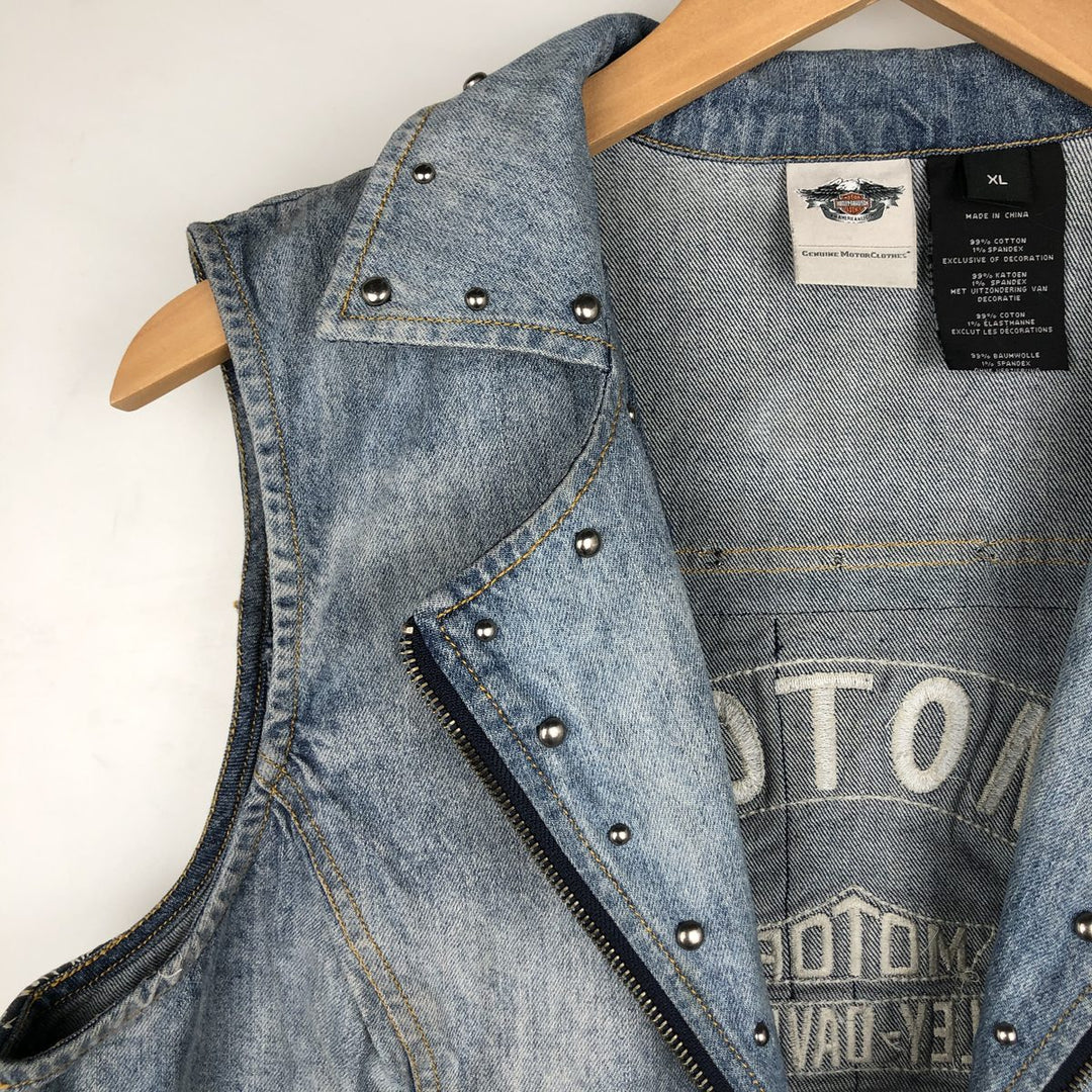 Harley-Davidson Patchwork Studded Full-Zip Denim Vest (Women's Size XL) cotton blue type Vintage Second Hand