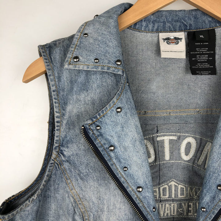Harley-Davidson Patchwork Studded Full-Zip Denim Vest (Women's Size XL) cotton blue type Vintage Second Hand
