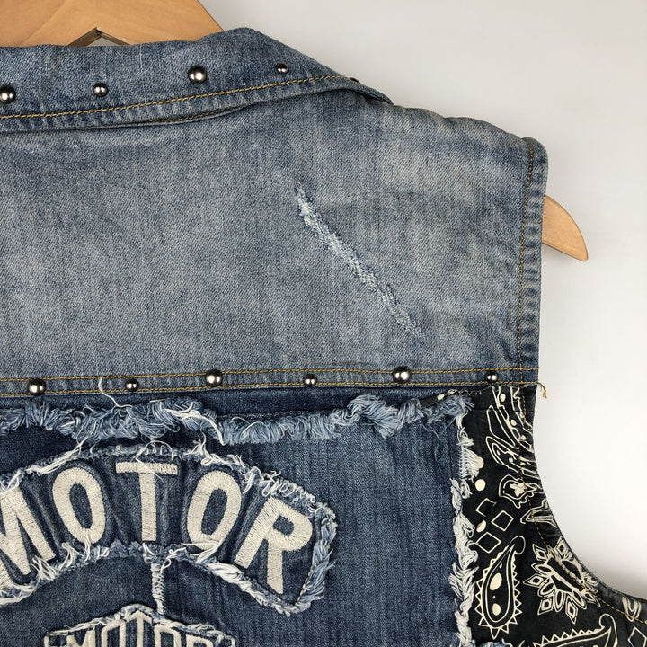 Harley-Davidson Patchwork Studded Full-Zip Denim Vest (Women's Size XL) cotton blue type Vintage Second Hand