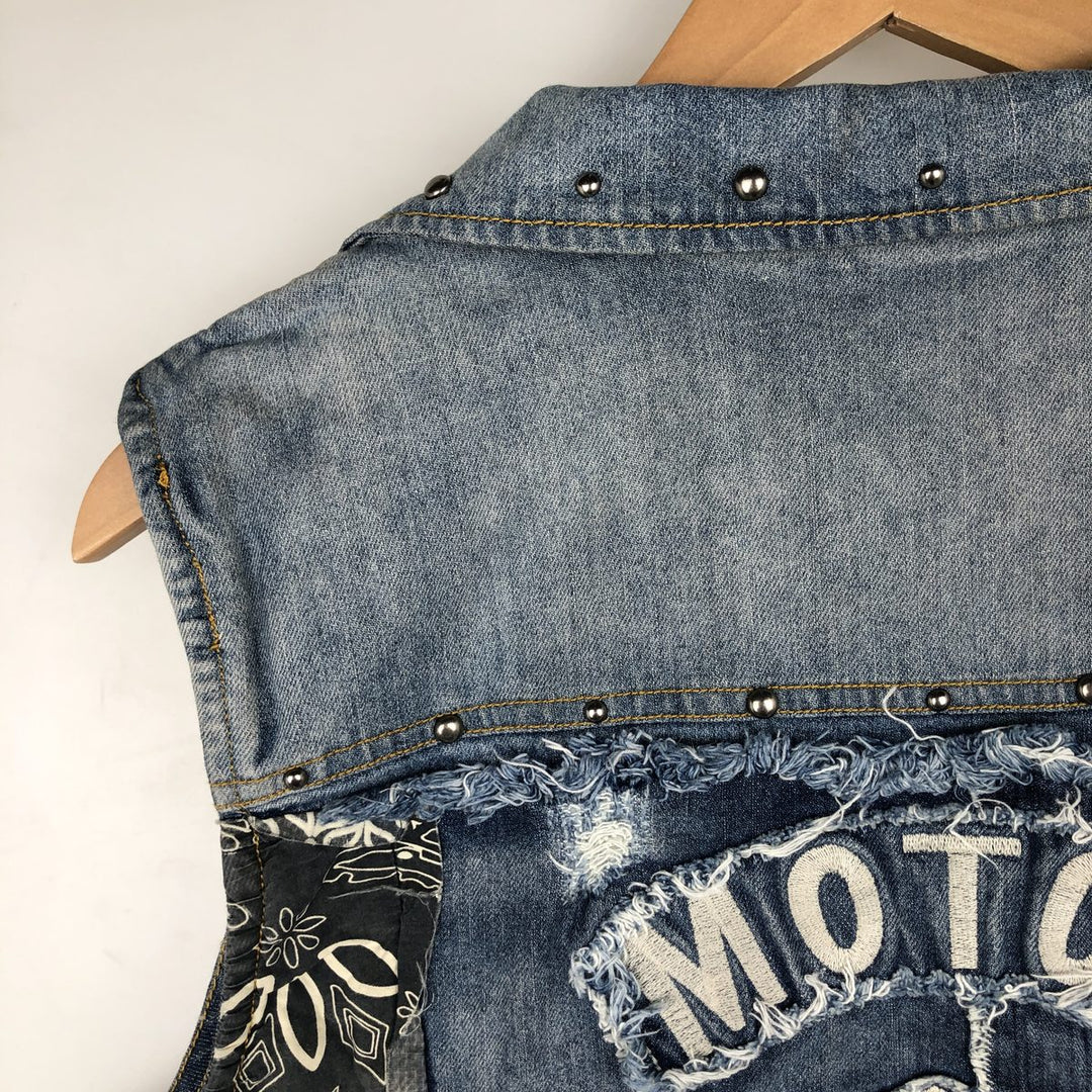Harley-Davidson Patchwork Studded Full-Zip Denim Vest (Women's Size XL) cotton blue type Vintage Second Hand