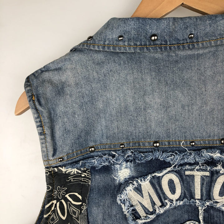 Harley-Davidson Patchwork Studded Full-Zip Denim Vest (Women's Size XL) cotton blue type Vintage Second Hand