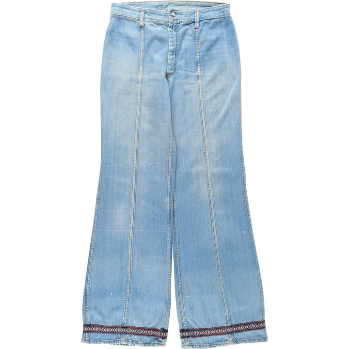 70'S Sears JR BAZAAR Tyrolean Tape Remake Flare Cut Denim Pants Women's L (W30 equivalent) Vintage cotton blue type Vintage Second Hand