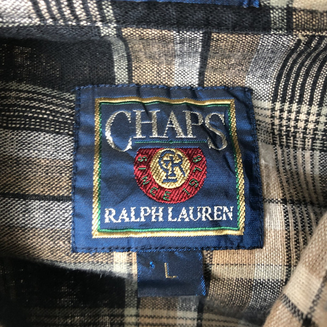 1980'S Ralph Lauren Chaps Check Pattern Short-Sleeve Linen x Cotton Button-Down Shirt, Size L (Men's L equivalent), Vintage linen Beige type Vintage Second Hand
