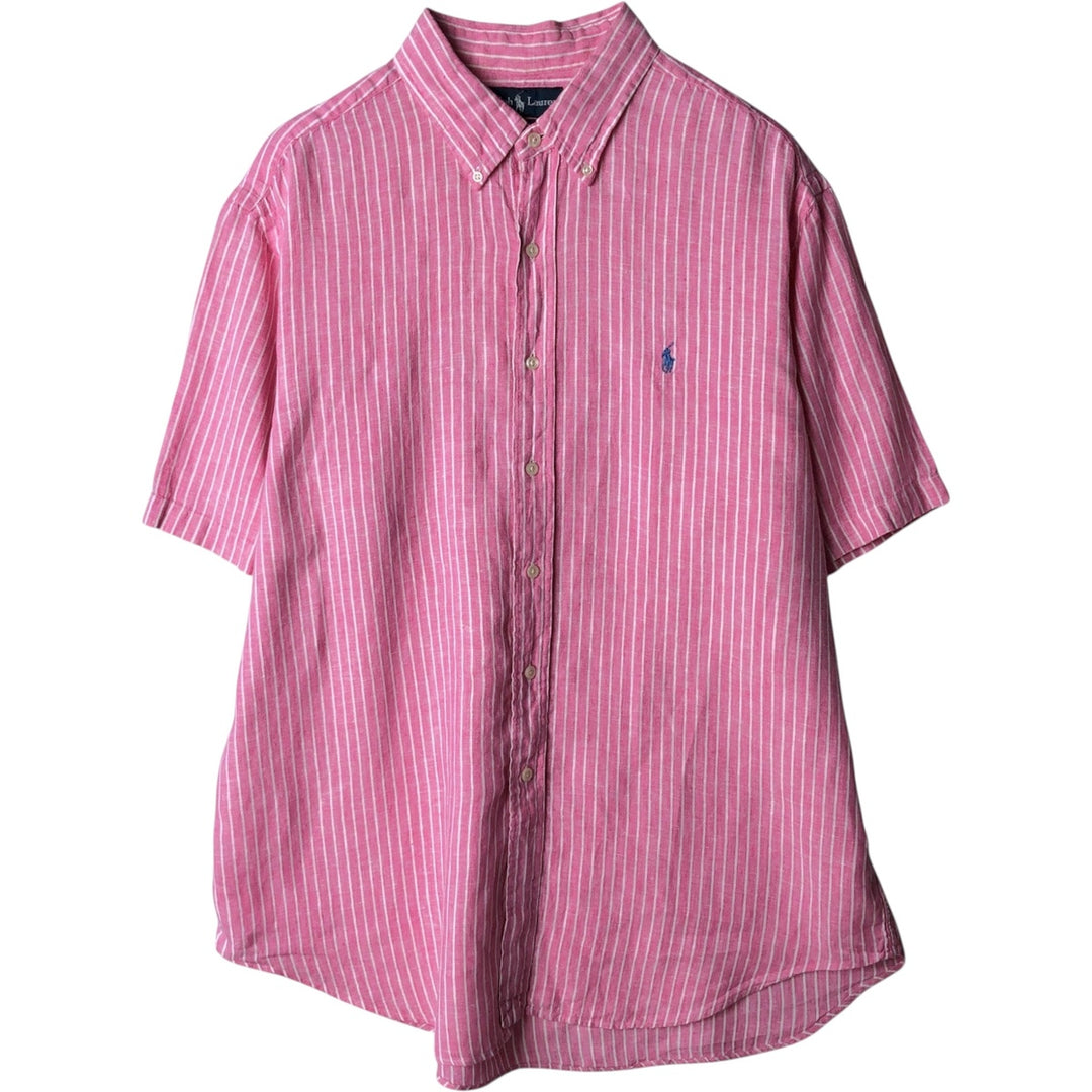 Ralph Lauren CLASSIC FIT Stripe Pattern Short-Sleeve Linen Button-Down Shirt, Men's Size XL (approx.) linen pink type Vintage Second Hand