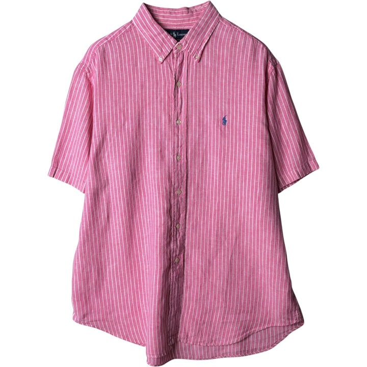 Ralph Lauren CLASSIC FIT Stripe Pattern Short-Sleeve Linen Button-Down Shirt, Men's Size XL (approx.) linen pink type Vintage Second Hand