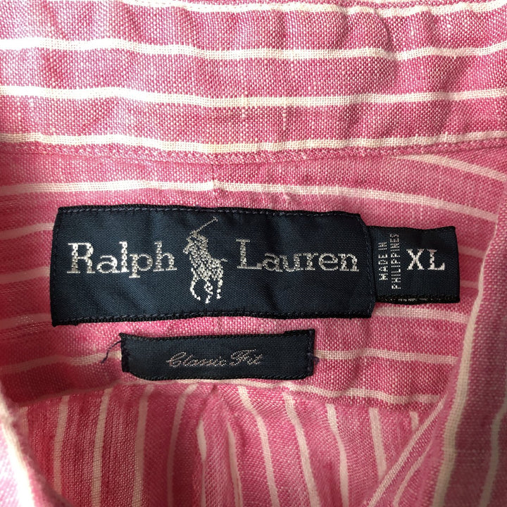 Ralph Lauren CLASSIC FIT Stripe Pattern Short-Sleeve Linen Button-Down Shirt, Men's Size XL (approx.) linen pink type Vintage Second Hand