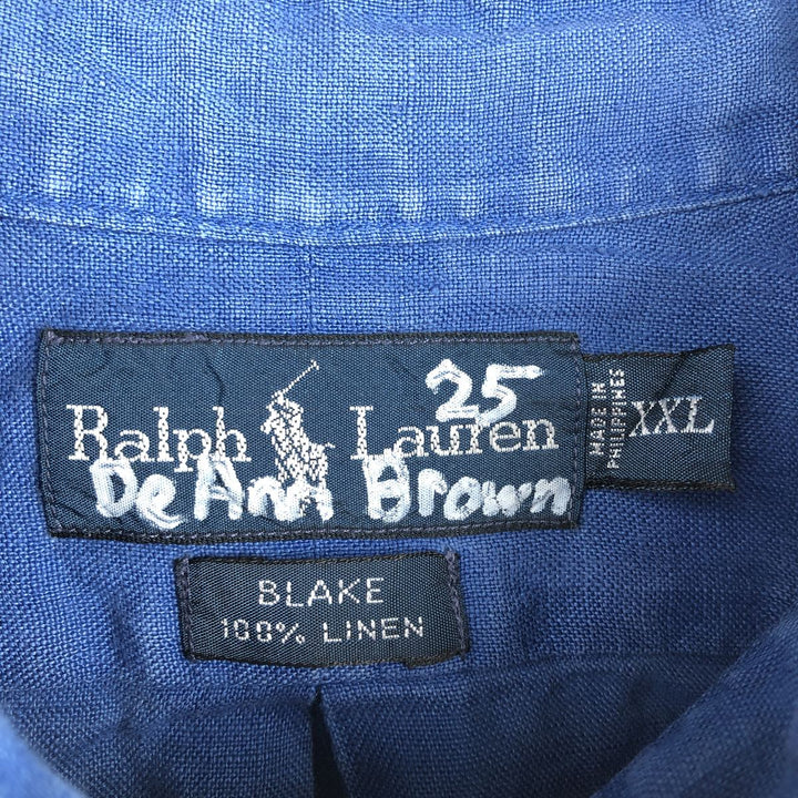 Ralph Lauren BLAKE short sleeve linen button down shirt, men's size XXL linen blue type Vintage Second Hand
