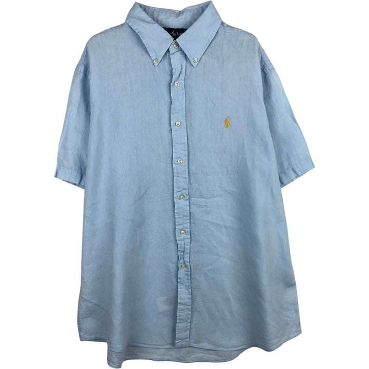 Ralph Lauren CUSTOM FIT short sleeve linen button down shirt, men's XL size linen Blue type light blue Vintage Second Hand